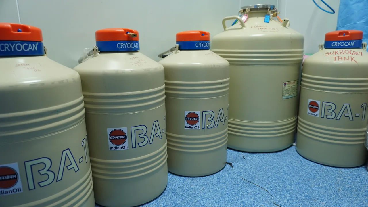 Cryostorage nitrogen tanks for frozen eggs and embryos at Sree Nandaka IVF Centre