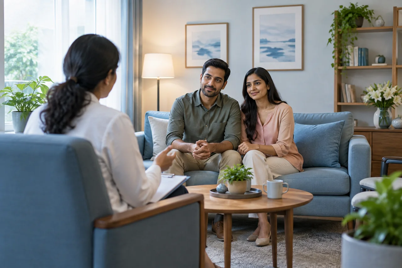 A couple in a calm conversation with a counsellor