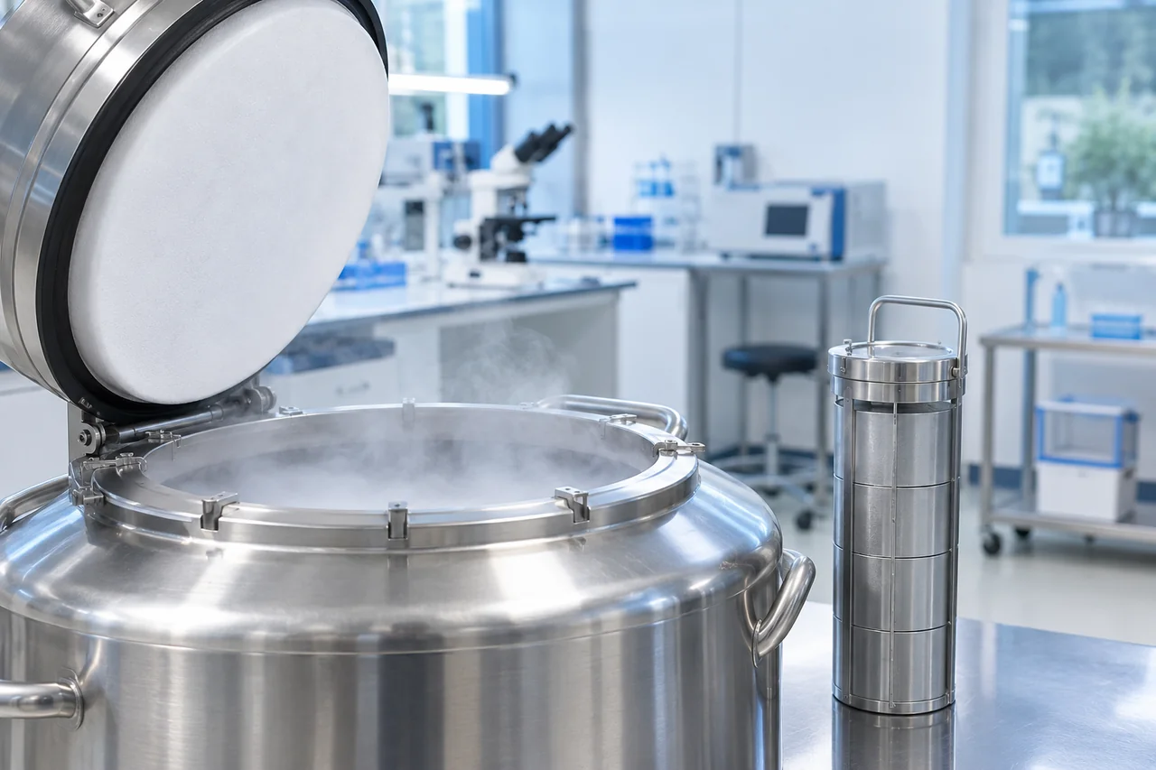 A stainless steel cryogenic storage vessel and carrier