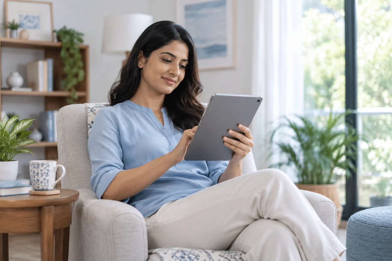 A woman reading a tablet beside a bright window