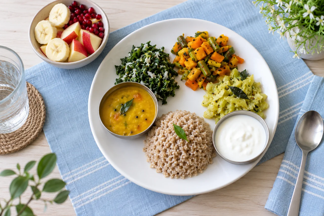 A varied South Indian meal with vegetables, lentils, grains and fruit