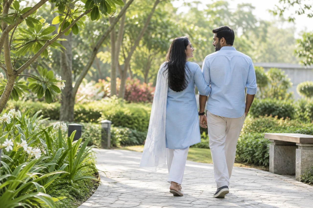 A couple walking together along a sunlit garden path