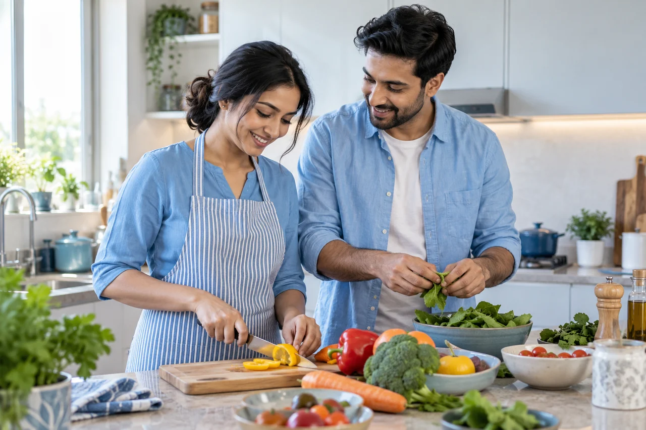 A couple preparing vegetables together at home