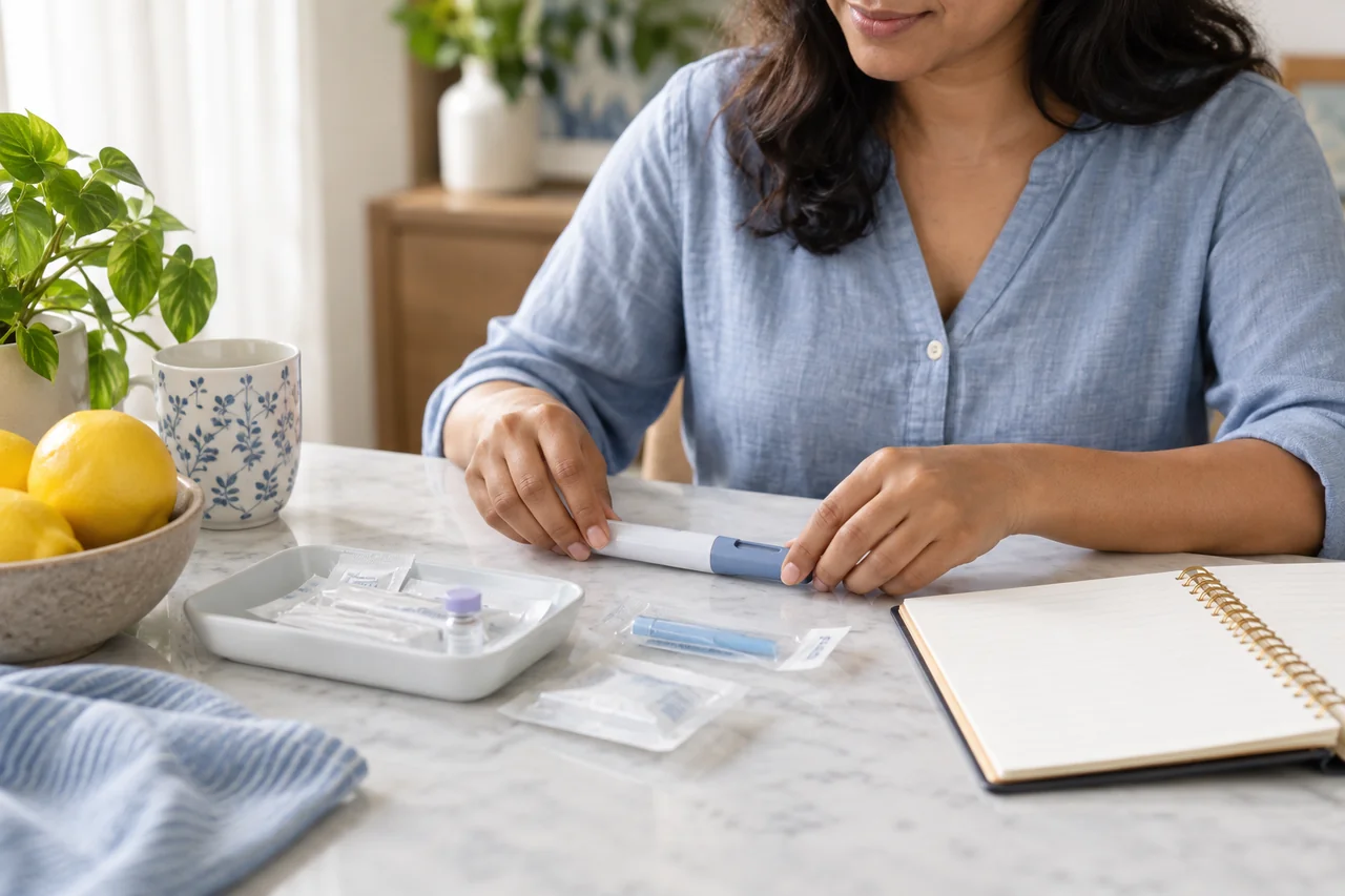 Hands arranging a capped injection pen, sealed supplies and a planner