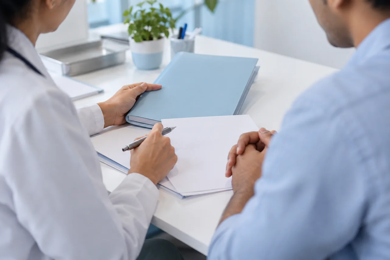 A patient and clinician reviewing a folder together