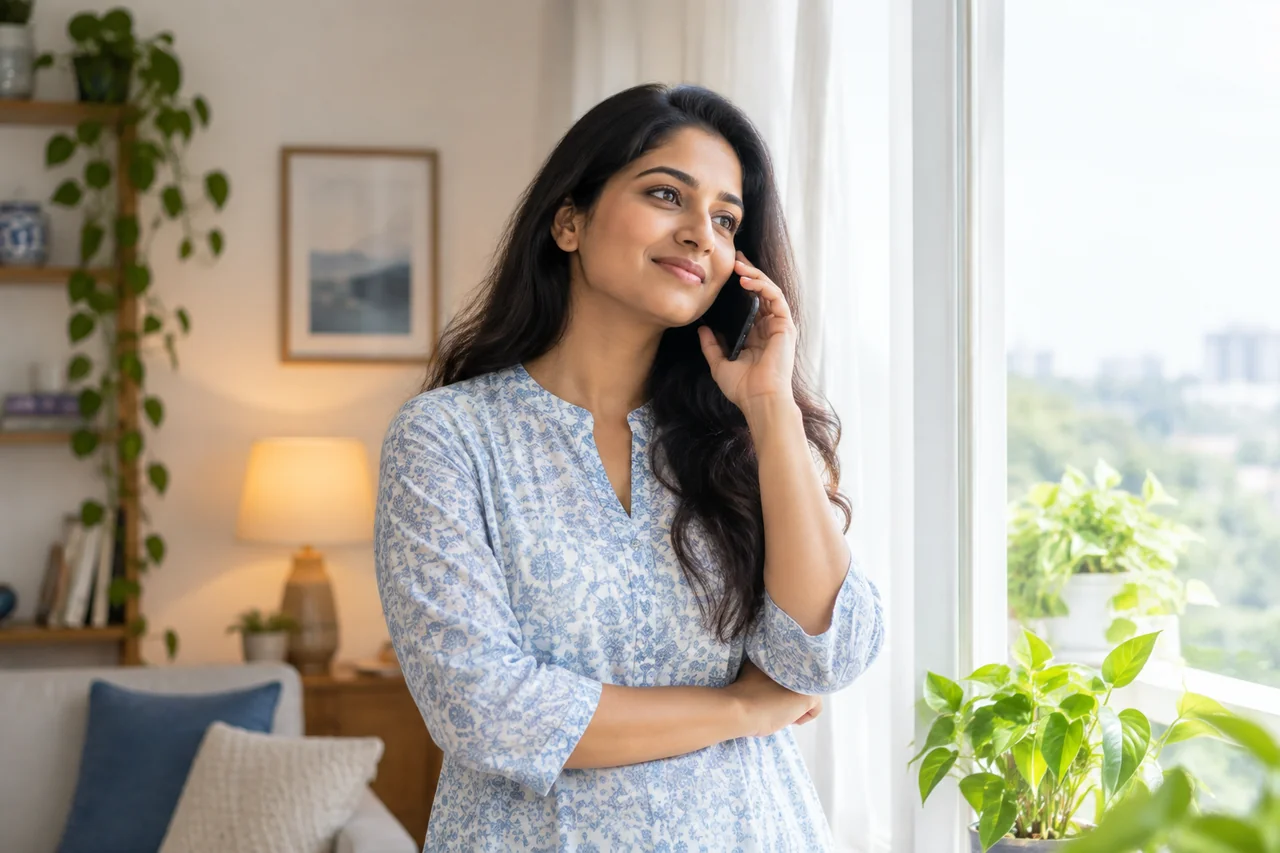 కిటికీ పక్కన ఫోన్లో మాట్లాడుతున్న మహిళ