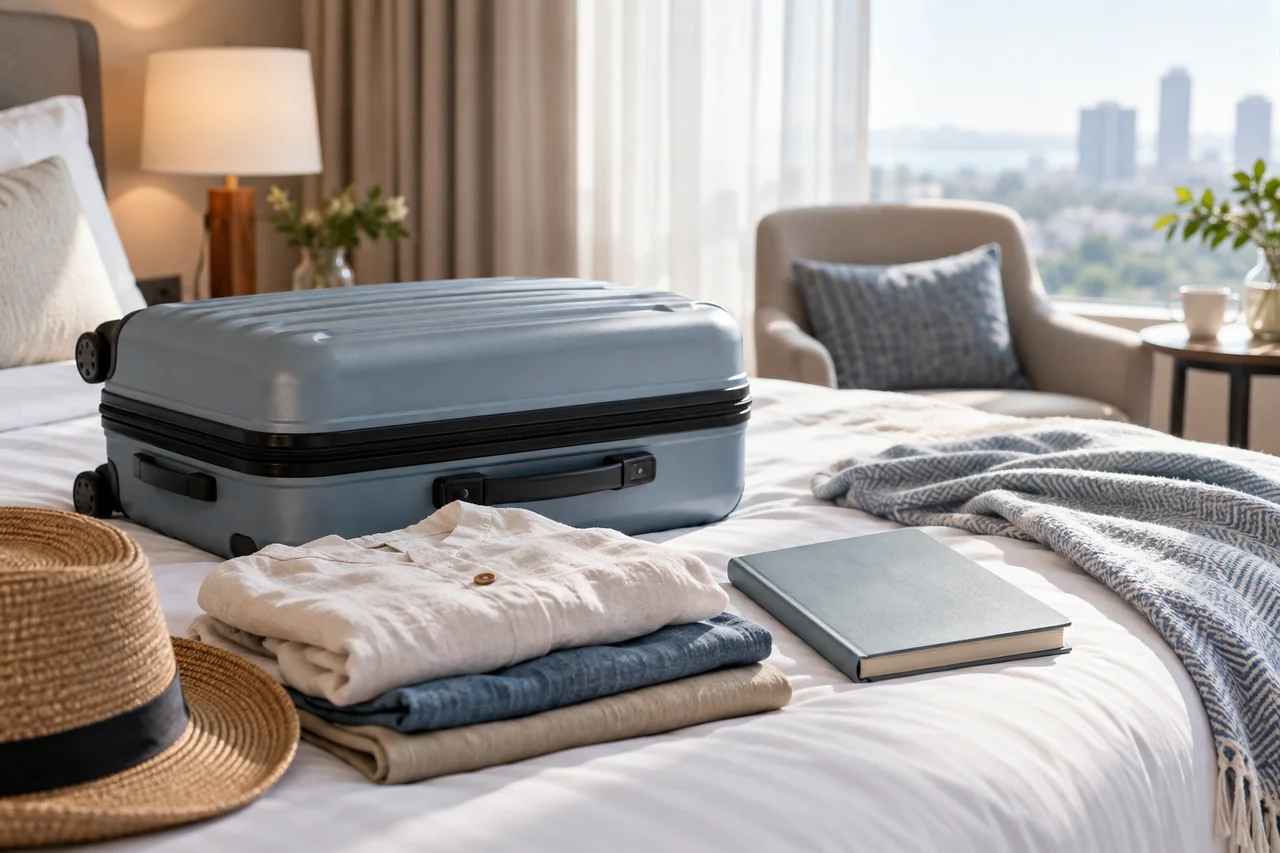 A cabin suitcase and notebook beside a hotel window
