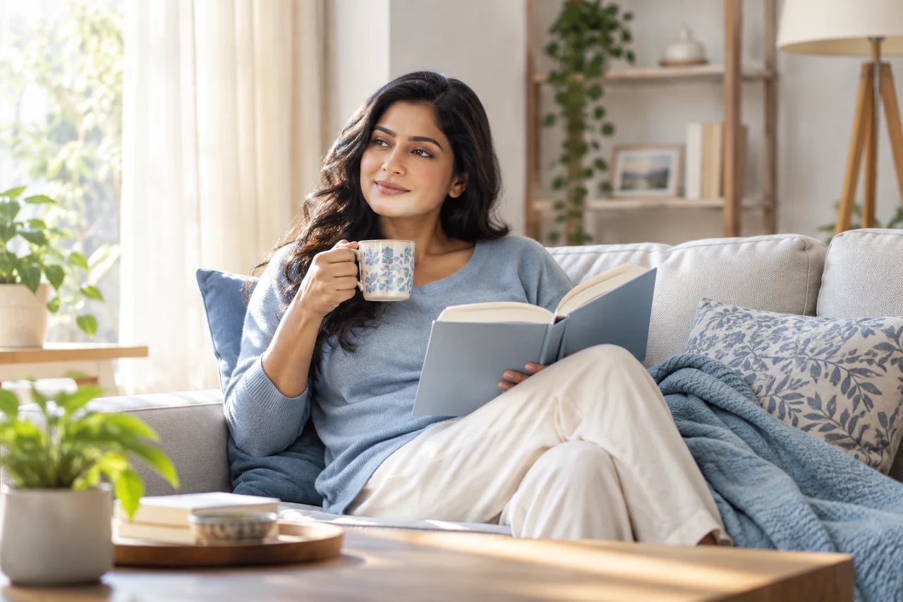 A woman taking a quiet moment with a book and a warm drink