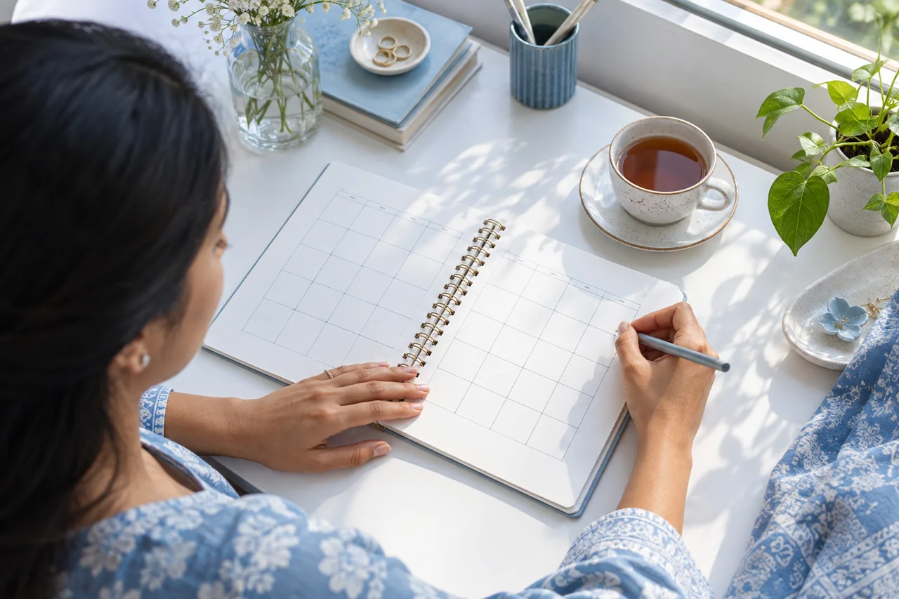 Hands with a calendar and pencil for personal planning